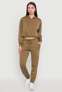 Womens Bubble Hem Fleece Lined Hooded Crop Sweatshirt, Green,