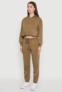 Womens Bubble Hem Fleece Lined Hooded Crop Sweatshirt, Green,