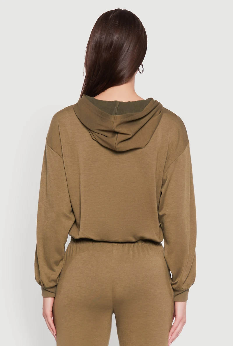 Womens Bubble Hem Fleece Lined Hooded Crop Sweatshirt, Green,