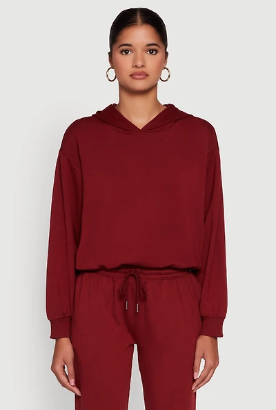 Womens Bubble Hem Fleece Lined Hooded Crop Sweatshirt, Burgundy,