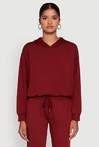 Womens Bubble Hem Fleece Lined Hooded Crop Sweatshirt, Burgundy,