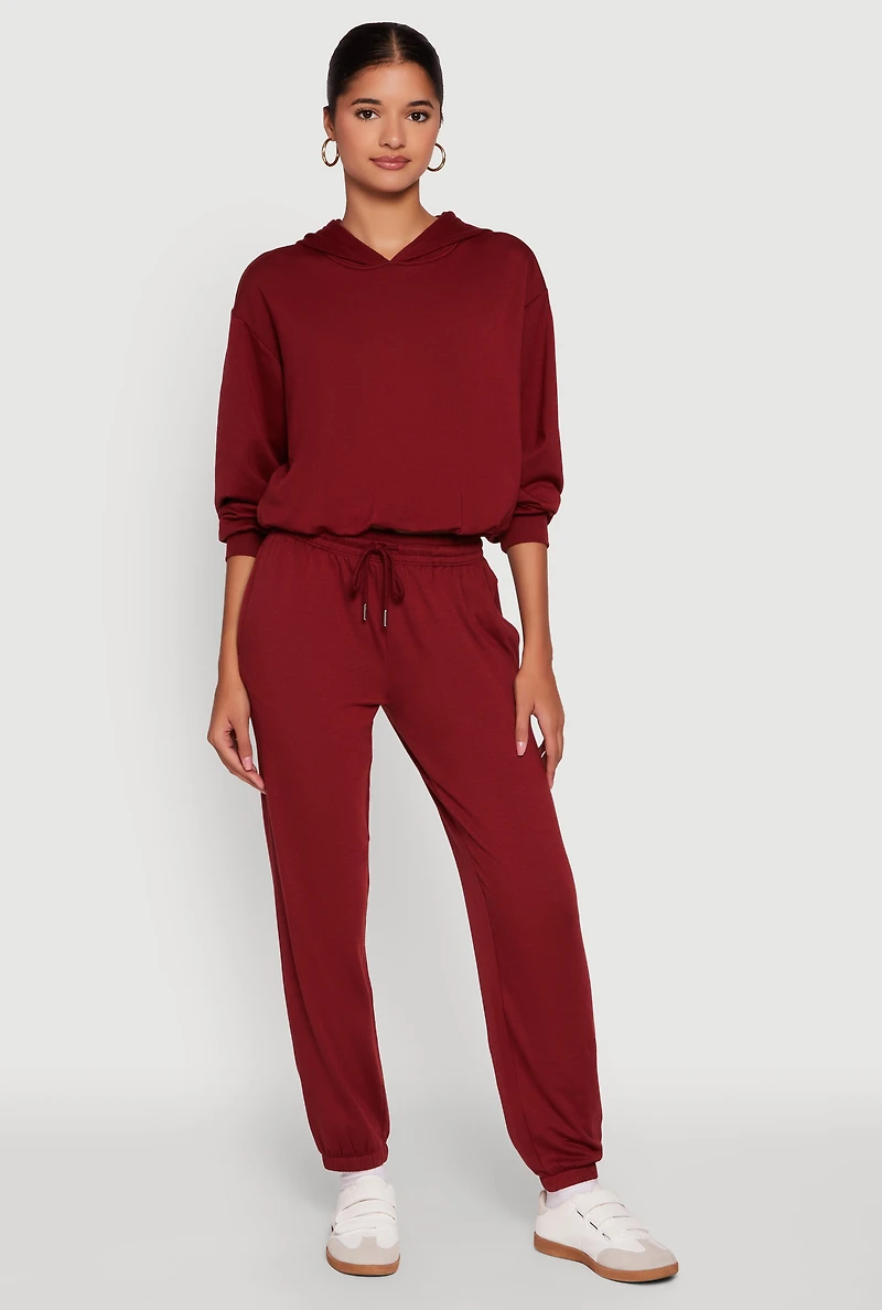 Womens Bubble Hem Fleece Lined Hooded Crop Sweatshirt, Burgundy,