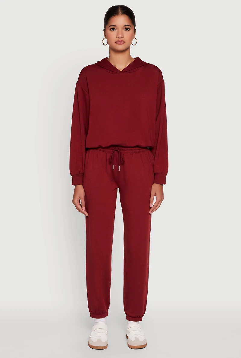 Womens Bubble Hem Fleece Lined Hooded Crop Sweatshirt, Burgundy,