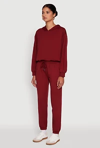 Womens Bubble Hem Fleece Lined Hooded Crop Sweatshirt, Burgundy,