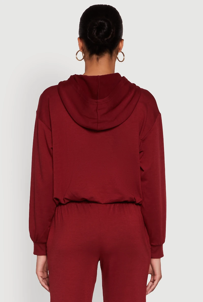 Womens Bubble Hem Fleece Lined Hooded Crop Sweatshirt, Burgundy, Size XL