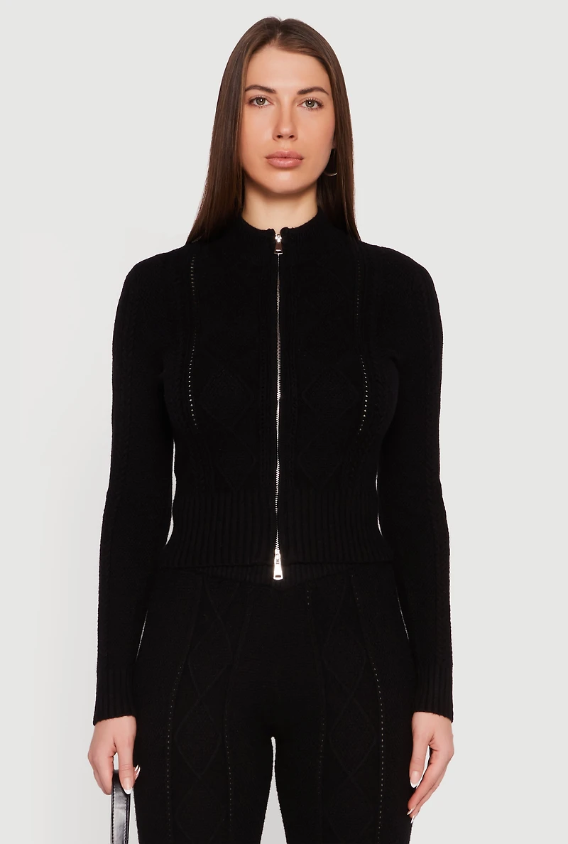 Womens Almost Famous Cable Knit Double Zip Front Cardigan, Black, Size S