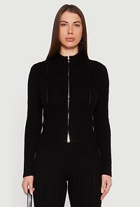 Womens Almost Famous Cable Knit Double Zip Front Cardigan, Black, Size S