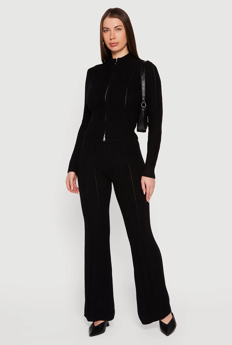 Womens Almost Famous Cable Knit Pull On Flare Pants, Black,