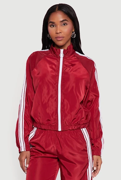 Womens Almost Famous Mock Neck Zip Front Track Jacket, Red,