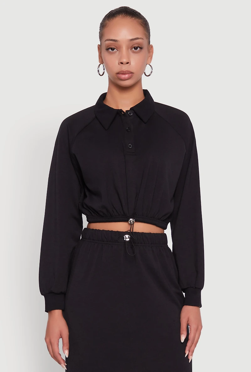 Womens Collared Fleece Cropped Pullover Sweatshirt, Black, Size L