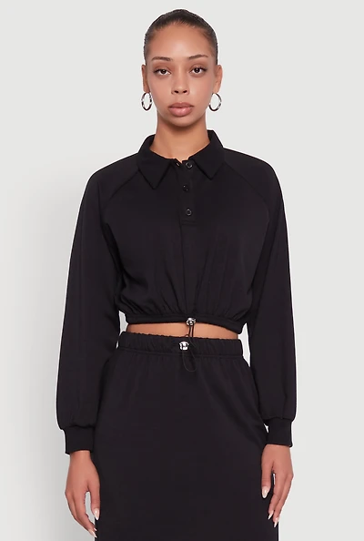 Womens Collared Fleece Cropped Pullover Sweatshirt, Black, Size L