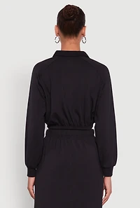 Womens Collared Fleece Cropped Pullover Sweatshirt, Black, Size L