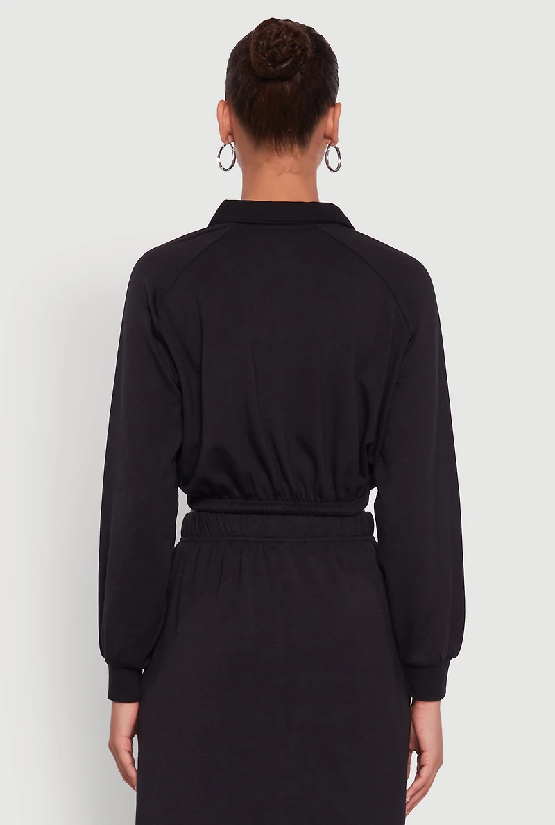 Womens Collared Fleece Cropped Pullover Sweatshirt, Black, Size M