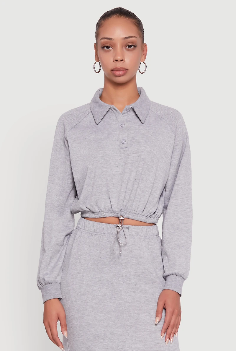 Womens Collared Fleece Cropped Pullover Sweatshirt, Grey, Size L