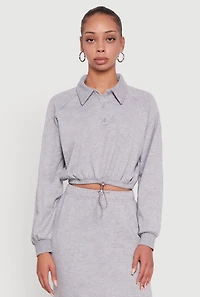 Womens Collared Fleece Cropped Pullover Sweatshirt, Grey, Size L