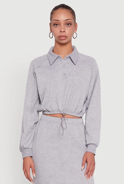 Womens Collared Fleece Cropped Pullover Sweatshirt, Grey,