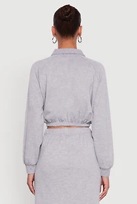 Womens Collared Fleece Cropped Pullover Sweatshirt, Grey, Size L