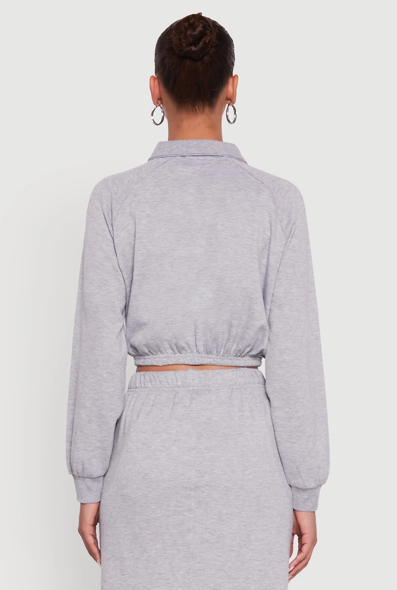 Womens Collared Fleece Cropped Pullover Sweatshirt, Grey,