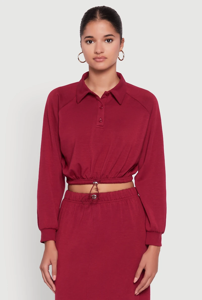 Womens Collared Fleece Cropped Pullover Sweatshirt, Burgundy, Size S