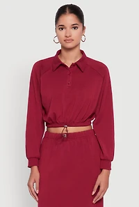 Womens Collared Fleece Cropped Pullover Sweatshirt, Burgundy, Size S