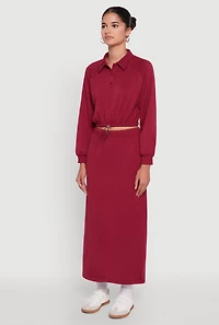Womens Collared Fleece Cropped Pullover Sweatshirt, Burgundy, Size S