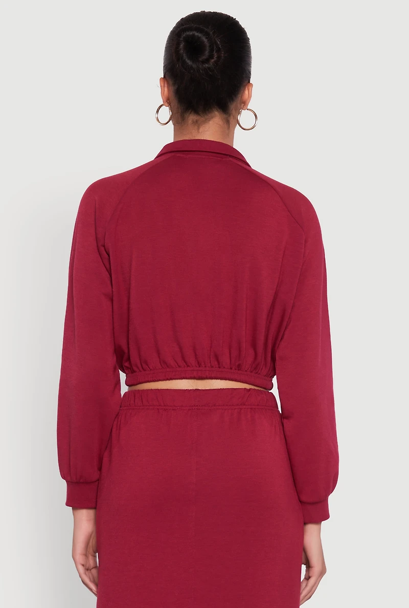 Womens Collared Fleece Cropped Pullover Sweatshirt, Burgundy, Size S