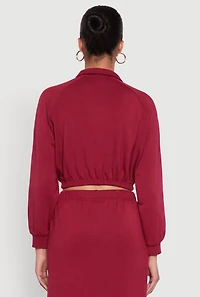 Womens Collared Fleece Cropped Pullover Sweatshirt, Burgundy, Size S