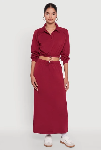 Womens Fleece Maxi Skirt with Toggle Drawstring, Burgundy, Size M