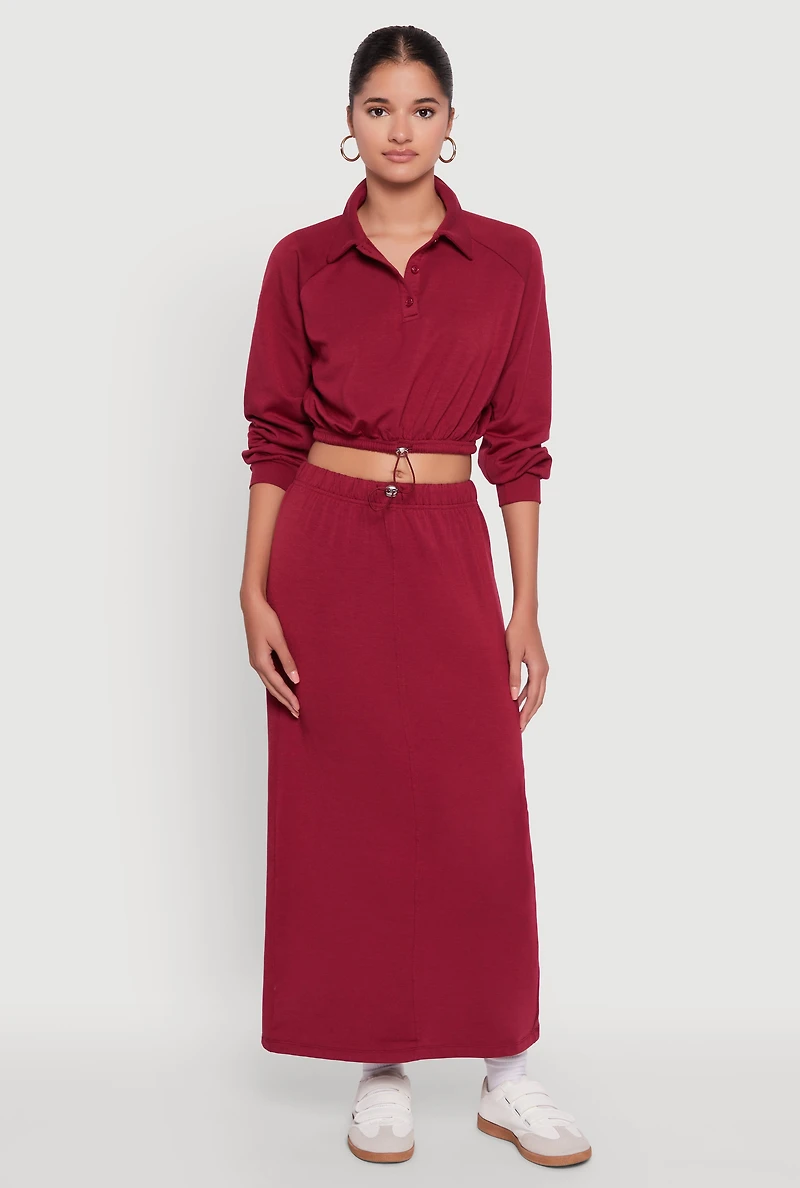 Womens Fleece Maxi Skirt with Toggle Drawstring, Burgundy, Size S