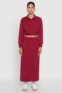 Womens Fleece Maxi Skirt with Toggle Drawstring, Burgundy, Size M