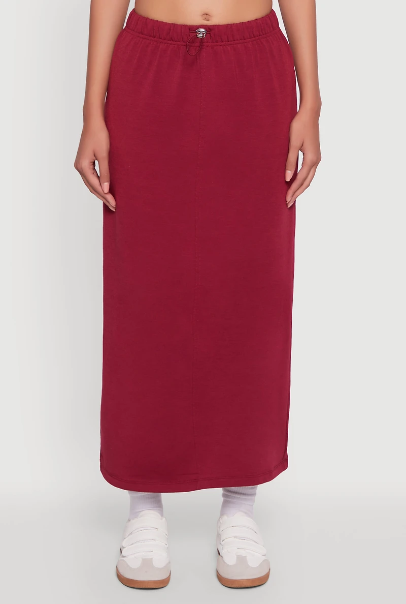 Womens Fleece Maxi Skirt with Toggle Drawstring, Burgundy, Size M