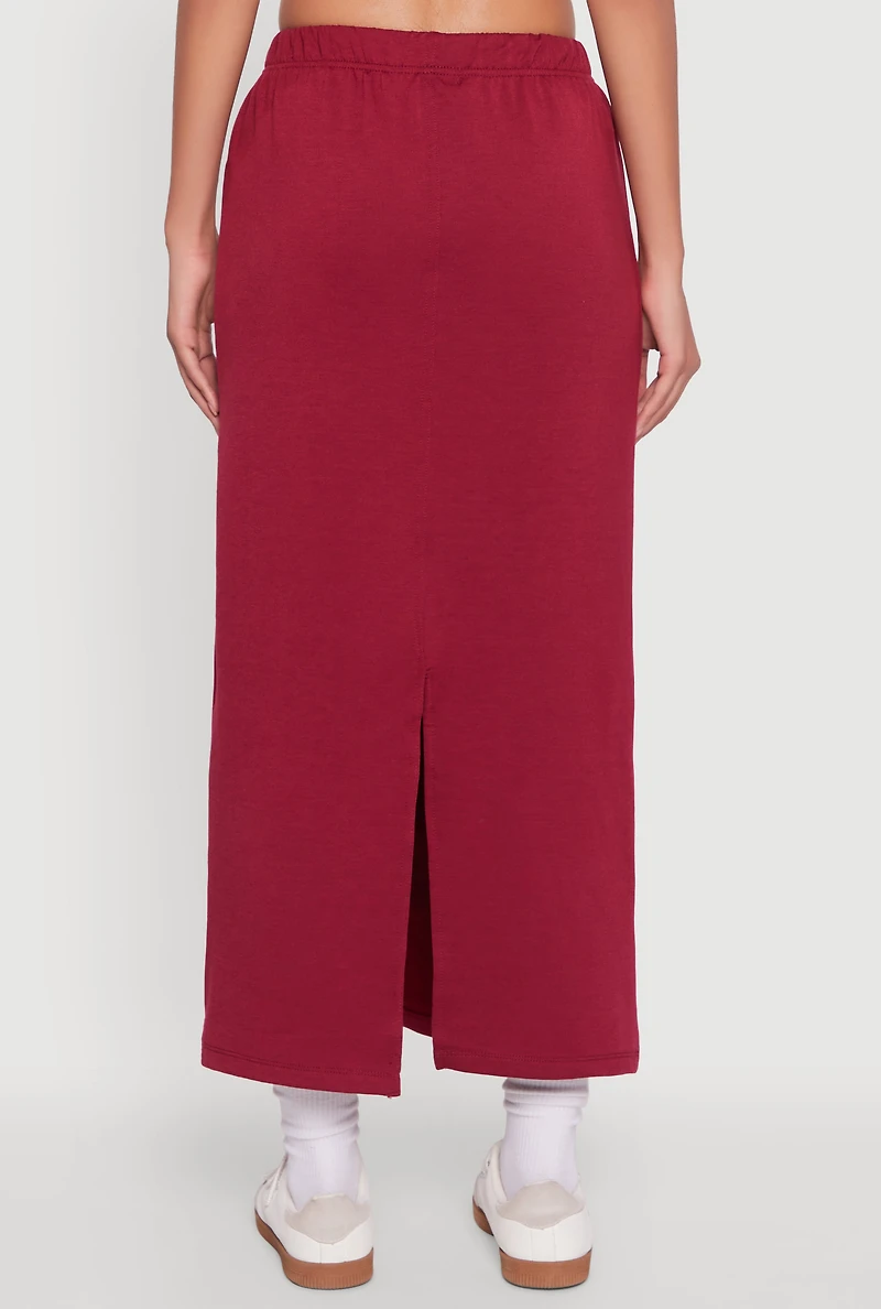 Womens Fleece Maxi Skirt with Toggle Drawstring, Burgundy, Size M