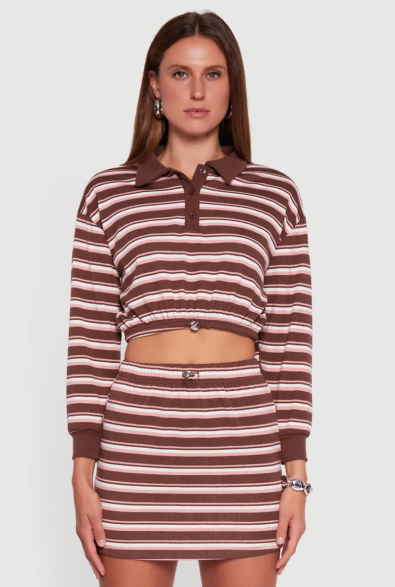 Womens Almost Famous Striped Fleece Pullover Crop Top, Brown, Size XL