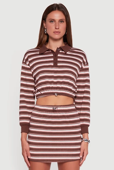 Womens Almost Famous Striped Fleece Pullover Crop Top, Brown, Size XL