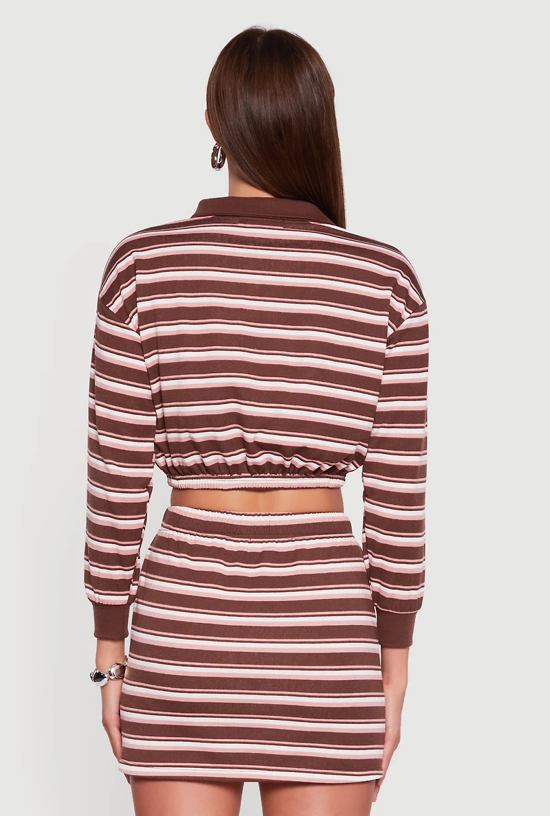 Womens Almost Famous Striped Fleece Cropped Pullover Sweatshirt, Brown, Size M