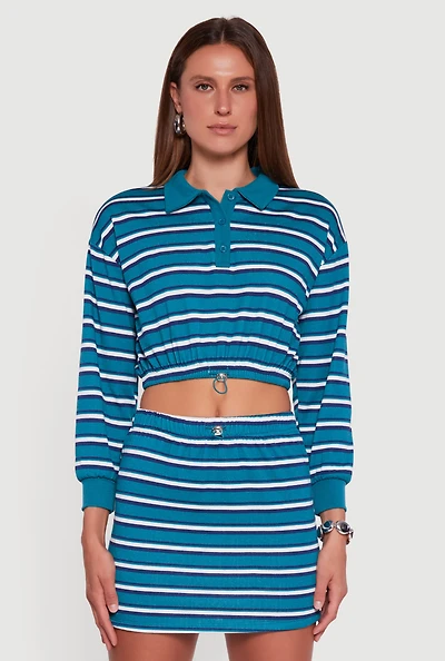 Womens Almost Famous Striped Fleece Cropped Pullover Sweatshirt,