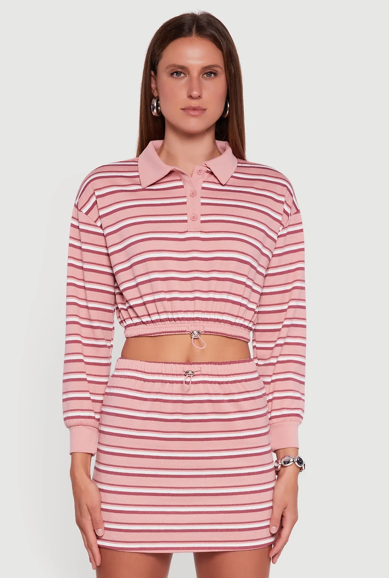 Womens Almost Famous Striped Fleece Cropped Pullover Sweatshirt, Pink, Size L