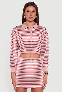 Womens Almost Famous Striped Fleece Cropped Pullover Sweatshirt, Pink, Size L