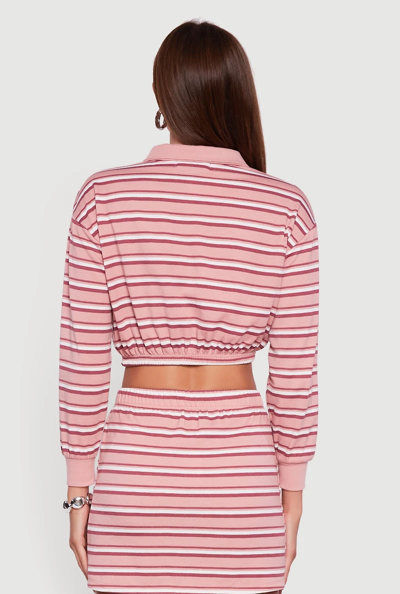 Womens Almost Famous Striped Fleece Cropped Pullover Sweatshirt, Pink, Size L