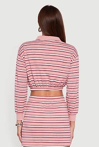 Womens Almost Famous Striped Fleece Cropped Pullover Sweatshirt, Pink, Size L
