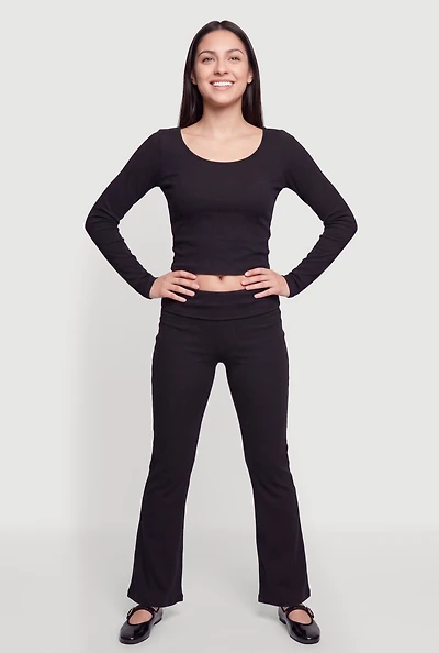 Brushed Knit Fold Over Waist Boot Cut Pants