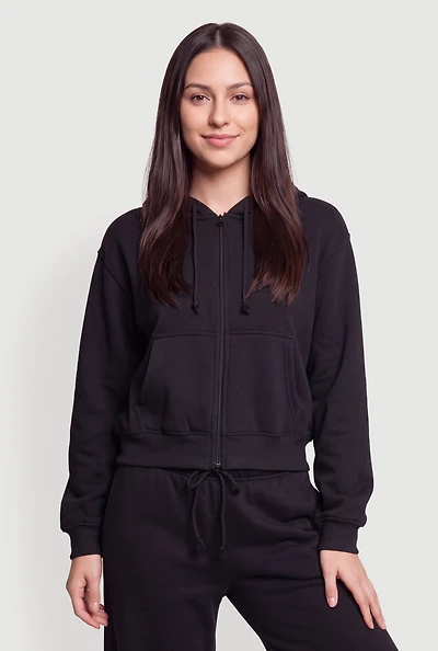 Fleece Lined Zip Front Drawstring Hoodie