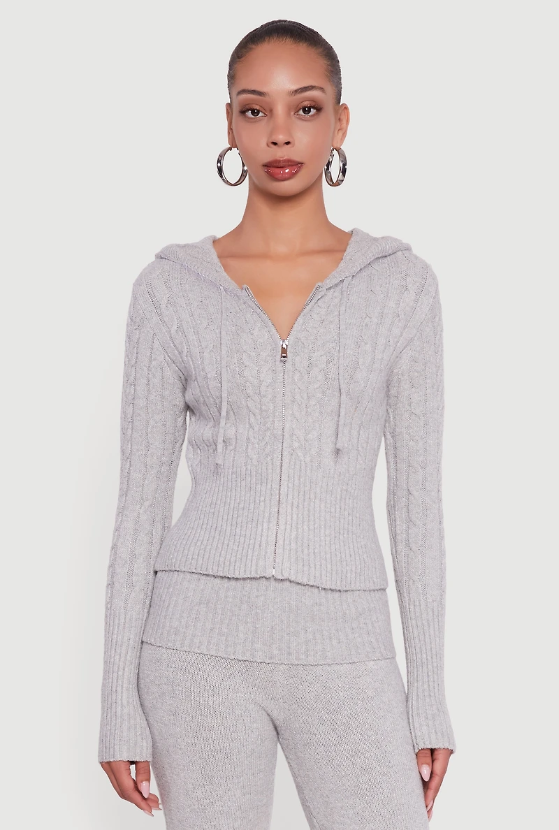 Womens Almost Famous Brushed Cable Knit Cropped Hooded Cardigan, Grey, Size XL