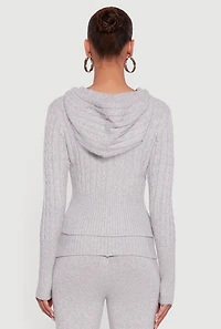 Womens Almost Famous Brushed Cable Knit Cropped Hooded Cardigan, Grey,