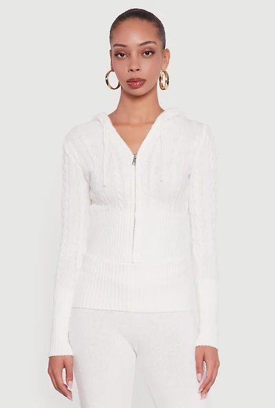 Almost Famous Brushed Cable Knit Cropped Hooded Cardigan