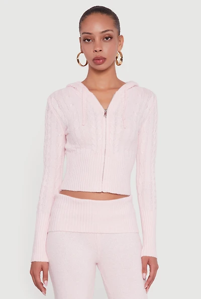 Womens Almost Famous Brushed Cable Knit Cropped Hooded Cardigan,