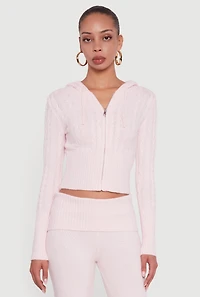 Almost Famous Brushed Cable Knit Cropped Hooded Cardigan