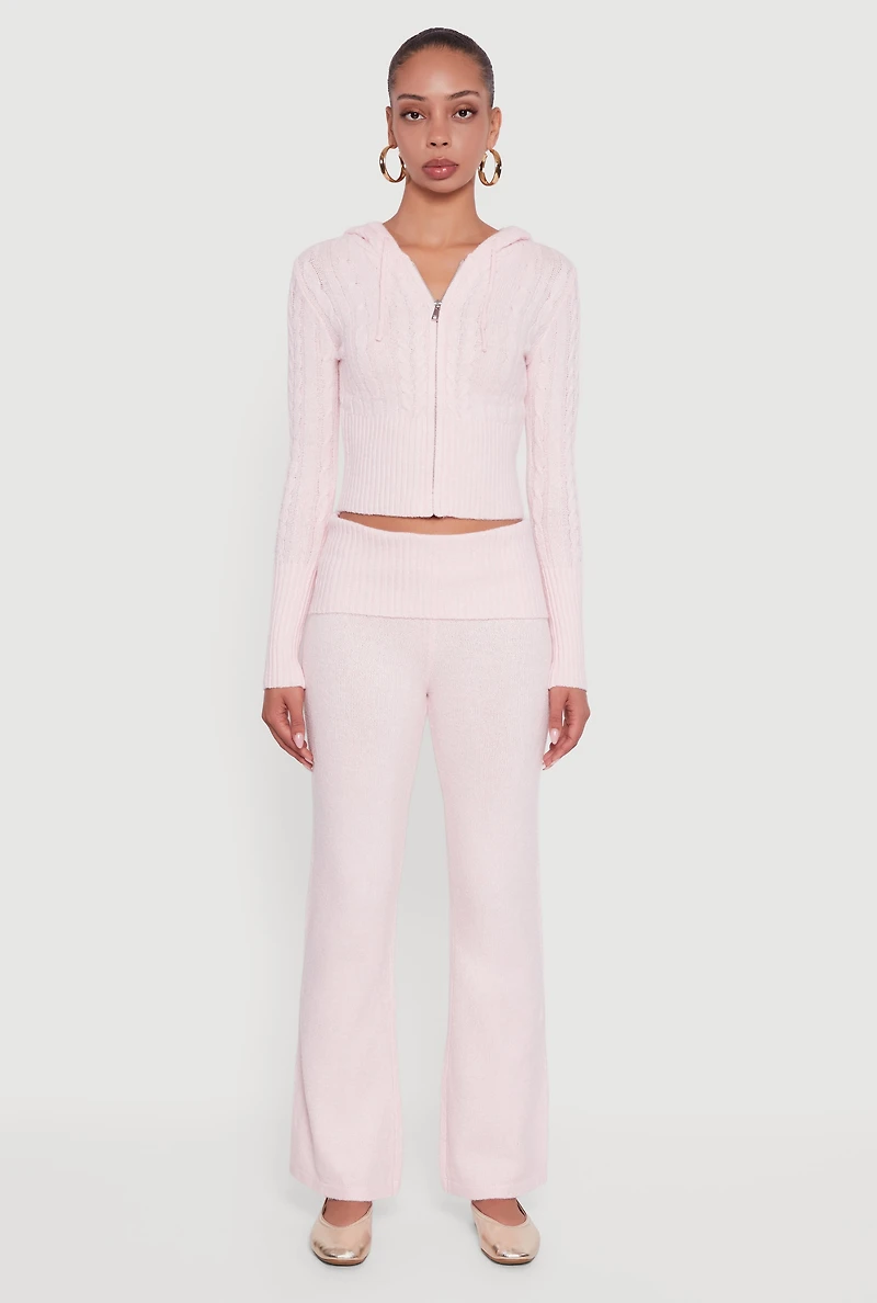 Womens Almost Famous Brushed Knit Fold Over Flare Pants, Pink, Size S