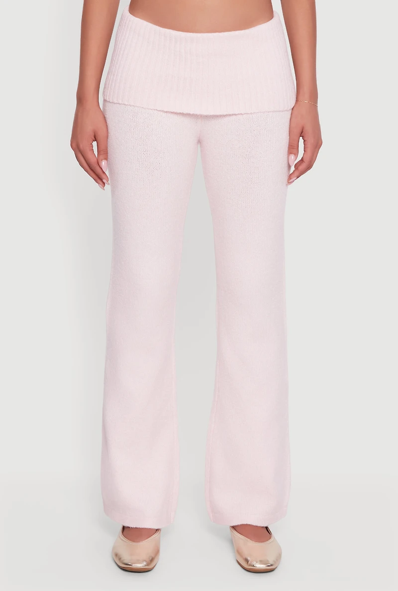 Womens Almost Famous Brushed Knit Fold Over Flare Pants, Pink, Size S