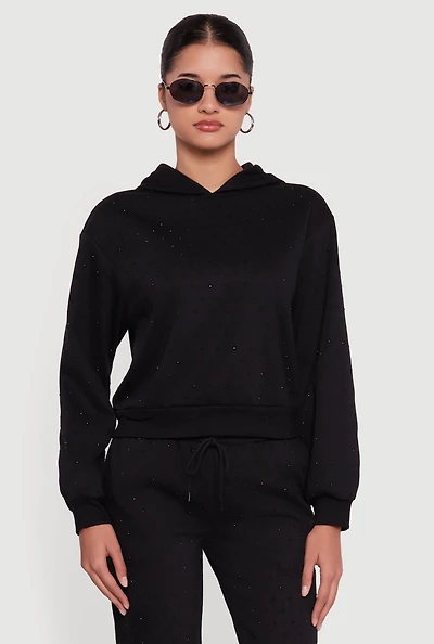 Womens Almost Famous Rhinestone Studded Fleece Pullover Hoodie, Black, Size M